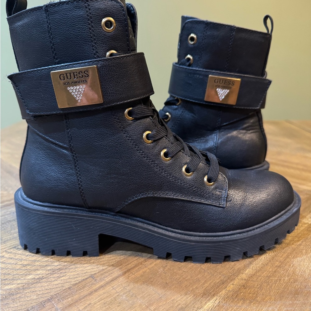 GUESS Caleena Lace Up Combat Boots With Gold Jeweled Guess Accent Strap NWOT - Picture 4 of 14